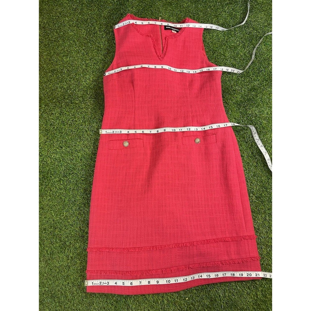 Karl Lagerfeld Paris Tonal Tweed Pink Dress Size 10 Fringe Gold Buttons - Picture 3 of 9